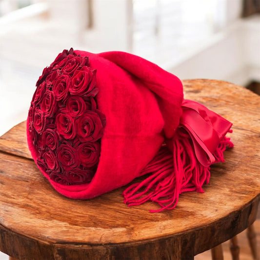 Red roses in red scarf