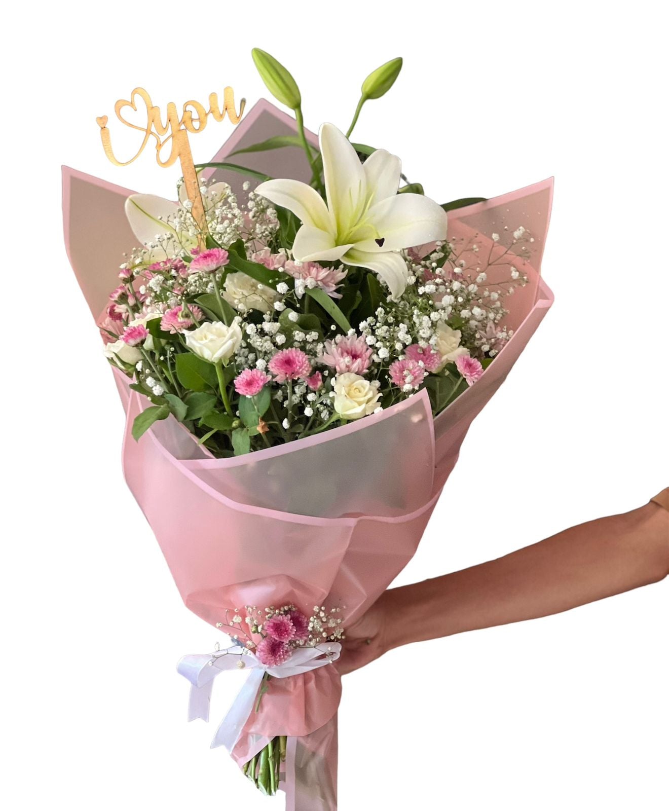 Lillie and white rose &purple flower